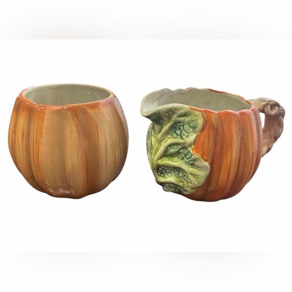 Vintage 1989 Fitz and Floyd OCI Omnibus Fall Pumpkins Creamer and Dish Set - Picture 1 of 10